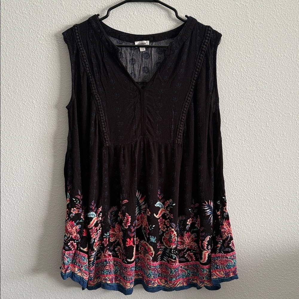 Avenue 2 Piece Boho Set Top & Pants Black Floral Border Print Size 14/16